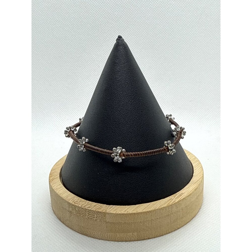 Brown Cord Bracelet Silver Tone Flower Charms Adjustable  Boho Jewelry